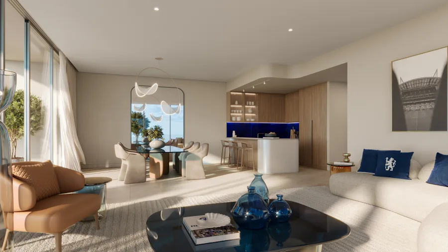 Developer render of a living room and kitchen in Chelsea Residences