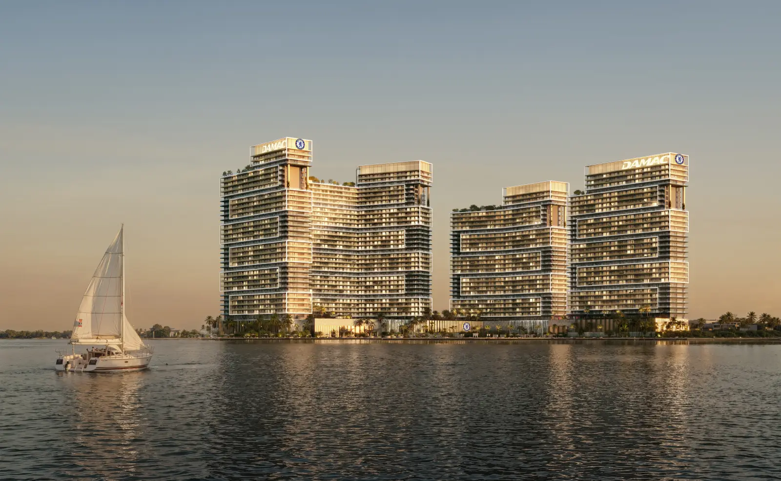 Developer render of the Chelsea Residences towers on the water at dusk