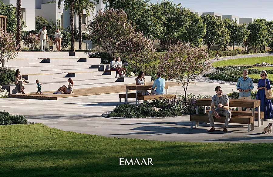 Emaar's render of a park with steps, benches and trees in front of the villas