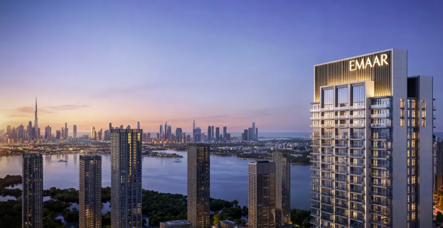 Emaar's render of Valia at dusk, with the creek and Downtown Dubai behind